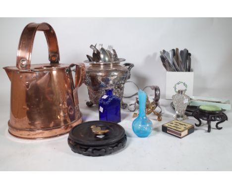 Metalware collectables mainly silver plated flatware, bottle pourers, copper kettle and sundry, (qty).
