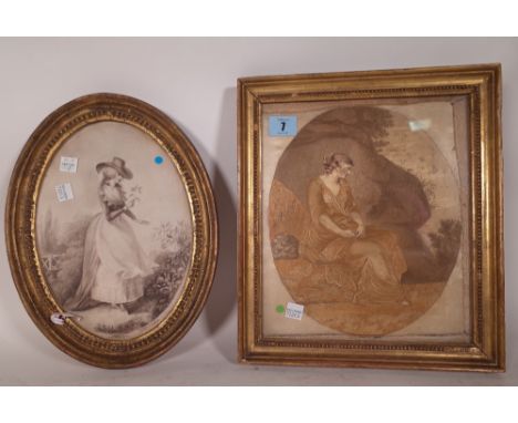 A Regency silkwork figural sampler, framed (31cm x 27cm) and a J. Stodart sketch of a female figure in a giltwood oval frame.