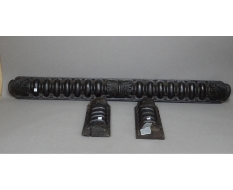 A 16th century oak split bobbin turned moulding, 33cm long x 14cm deep, together with two matching smaller, 46cm long x 14cm 