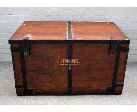 A 19th century zinc lined iron bound teak travelling trunk, 110cm wide x 61cm high. 