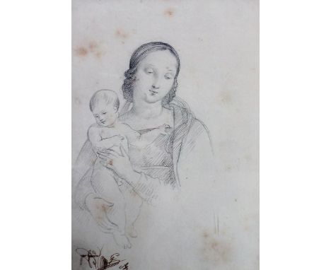 A group of four, including an Italian School pencil drawing of Madonna and child, a pencil sketch of Diana with Classical fig