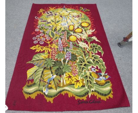 Simon Chaye (b. 1930), Clock face and flowers, signed in the weave wool tapestry, 208 x 122cm.