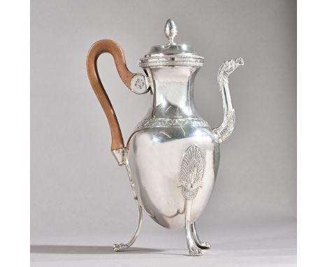 A French silver coffee pot of oval form, the body decorated with a foliate band, the spout with a horsehead terminal, the hin