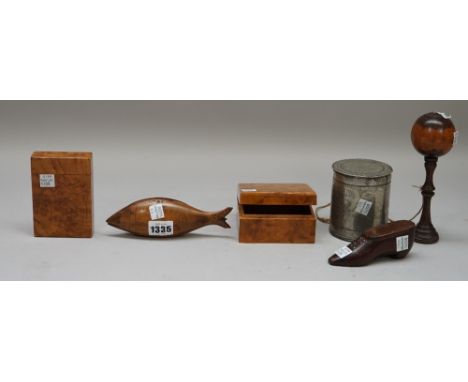 Treen collectables including; a Scandinavian wooden 'fish' snuff box, 15.5cm, two burr walnut boxes, a 19th century mahogany 