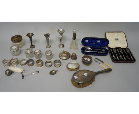 Silver and silver mounted wares, comprising; a set of six pastry forks, Sheffield 1928, with a case, a christening spoon and 