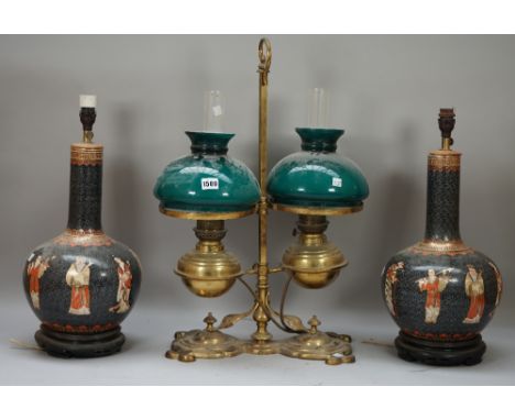 A Victorian style brass twin bouillotte table lamp with adjustable green glass shades, 63cm high and a pair of modern Chinese