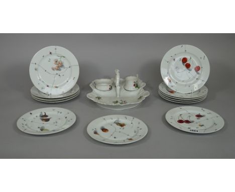 A set of twelve Christian Dior porcelain plates, each decorated with fruit and insects against a faux 'staple repairs' ground