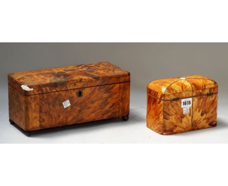 A George III blonde tortoiseshell dome top rectangular tea caddy with twin lidded interior, 18cm wide x 14cm high and a simil
