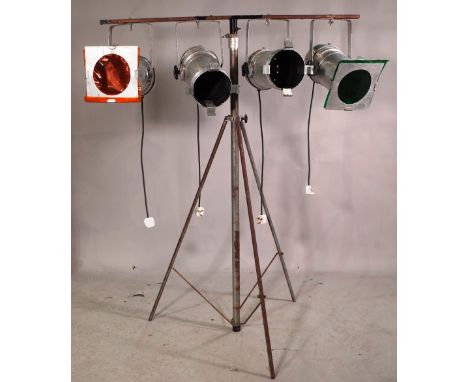 A 20th century four branch aluminium studio light on tripod base, 185cm tall.