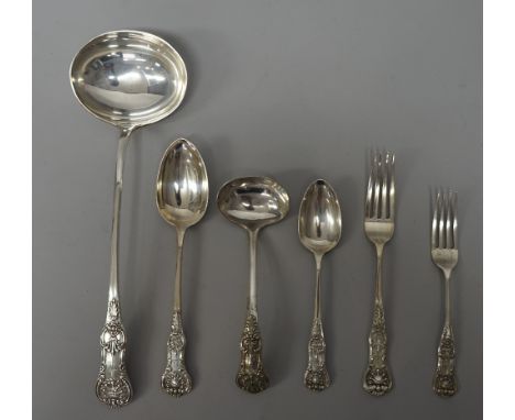 Victorian silver King's pattern flatware, comprising; twelve table forks, twelve dessert forks, twelve tablespoons, twelve de