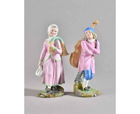 Two Hochst figures of musicians, circa 1780, modelled by J.P. Melchior, he standing cross-armed carrying a cello on his back,