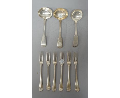 Assorted silver flatware, all with assorted armorials, including; a set of six George III three prong dessert forks, Whipham 