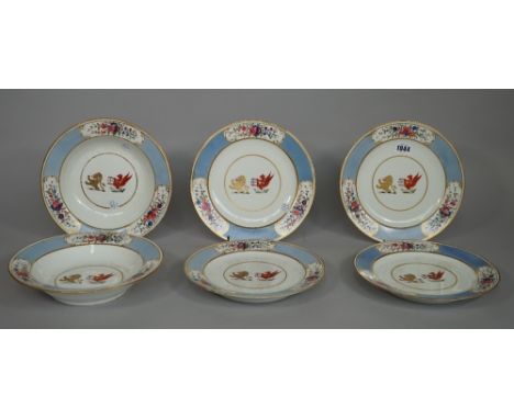 A Chamberlain-Worcester crested part dinner service, circa 1820, each piece painted in the centre with two crests beneath a b