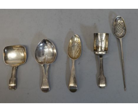 A George III silver caddy spoon with heart shaped bowl and pierced handle, L&amp;R Birmingham 1806; a George III caddy spoon 