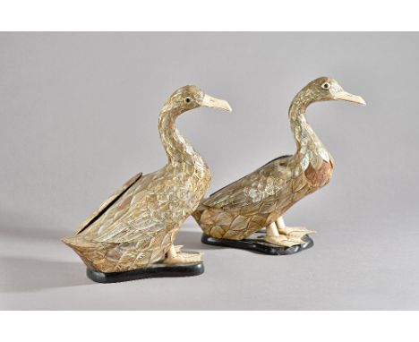 A pair of 19th century Chinese mother-of-pearl and ivory standing duck-form box and covers, each with mother-of-pearl veneere