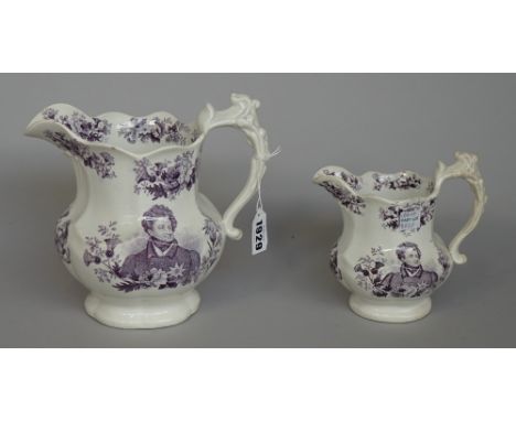 Two Goodwins, Bridgwood &amp; Harris graduated commemorative jugs, circa 1830, each printed in purple with a quarter-length p