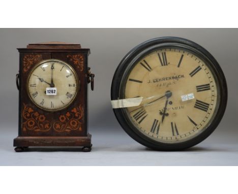 A rosewood and foliate inlaid mantel clock, 19th century, with a single train fusee movement, 35cm high and a 19th century eb