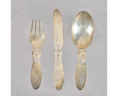 A Georg Jensen silver Cactus pattern three piece christening set, comprising; a knife, a fork and a spoon, import mark London