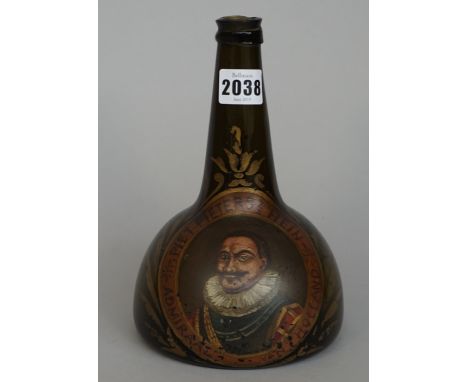 A Dutch green glass `horse hoof' bottle, mid 18th century, painted, possibly later, on one side with a titled head and should
