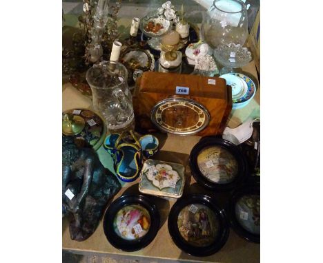 Ceramics &amp; collectables including; walnut mantel clock, gilt metal and glass ceiling light framed, pot lids and sundry, (