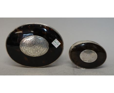 An early 19th century white metal and tortoiseshell oval snuff box and cover, inscribed "James Burnell Mere Wiltshire" and fa
