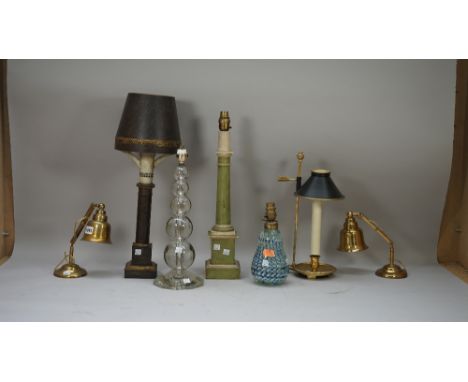 A pair of mid-20th century brass adjustable desk lamps, two glass table lamps, a modern gilt metal bouillotte style table lam