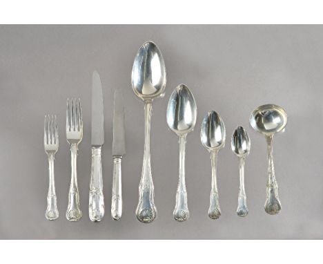A matched silver flatware service in the hourglass pattern, assorted dates and makers but predominately early 19th century, p