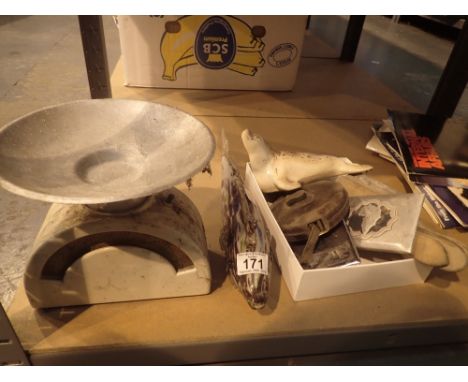 Glass fish pottery seal Rabone tape cigarette cases scales etc