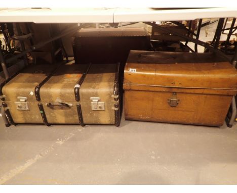 Bentwood trunk with Cunard stickers and a further metal trunk 