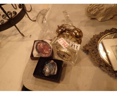 Glass mantel clock brass alarm clock Dartington Crystal paperweight and other decorative glassware