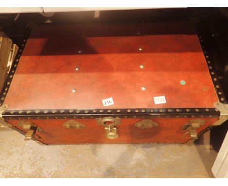 Large trunk with brass stud lid and check interior 83 x 50 x 42 cm
