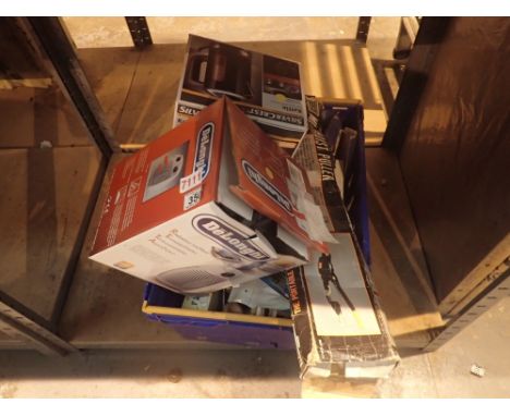 Box of mixed tools with a mini hoist puller and electrical heater and kettle 