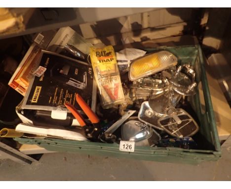Box containing a quantity of vintage side car mirrors car radios and household tools