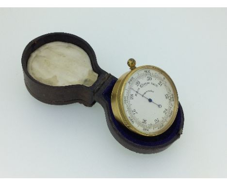 A late 19thC cased Pocket Barometer / Thermometer, comprising aneroid barometer in one side of velvet lined leather case, the