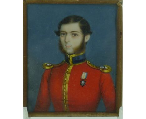19thC School, Portrait miniature of an Army officer, in red uniform, apparently wearing the Gwalior Star (1843) on his chest,
