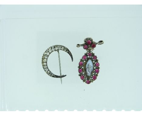 A small Bar Brooch with Pendant, formed of a bow set with three pink pastes, the oval pendant set with ten collet set pink pa