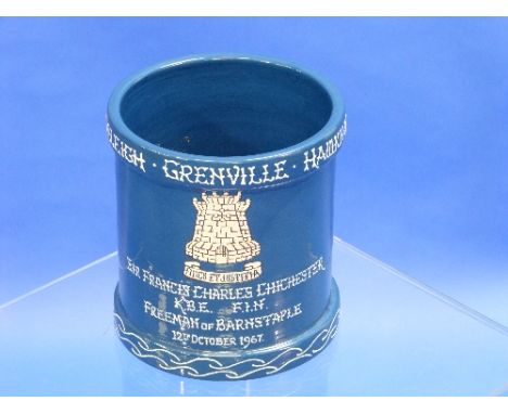 Sir Francis Chichester (1901-1972), a Brannam Pottery blue-ground vase, tube-lined and decorated in white, the rim inscribed 