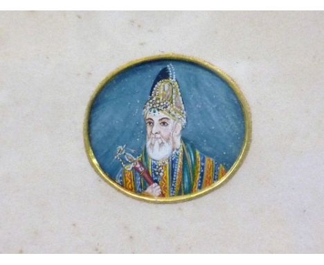 19thC Indian School, King of Delhi, oval portrait miniature, watercolour, titled verso, 1¼in x 1?in (3.2cm x 3.5cm), framed.