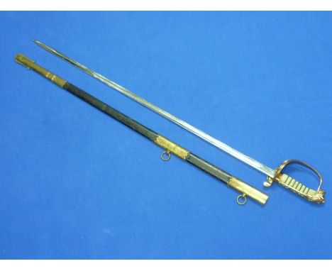 A George VI naval officer's Sword, with 31-inch etched blade and brass-mounted leather scabbard.