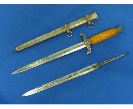 A W.W.2 period Nazi army Dagger, with correct scabbard, handle damaged and cross-guard with swastika removed, overall 14½in (