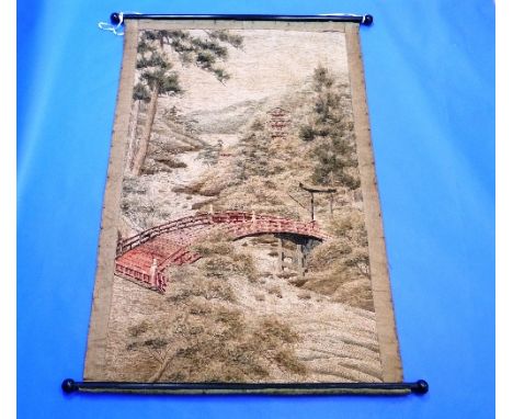 An antique Chinese tapestry Wall Hanging, depicting a traditional scene of pagoda and bridge within a mountainous landscape, 