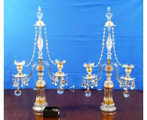 A pair of 19thC crystal cut glass Table Chandeliers, with two branches emanating from the central embossed brass support, top