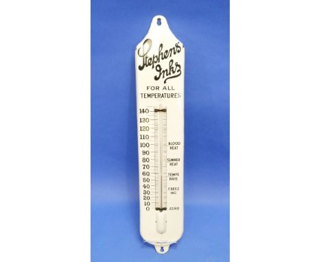 A good, large "Stephens' Inks" enamel shop advertising Thermometer, by Jordan - Bilston, numbered 7/39, of rounded rectangula