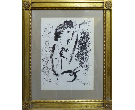 MARC CHAGALL 'Self Portrait', 1962, original black and white lithograph, printed by Mourlot, Paris, 32cm x 24.2cm, in hand gi