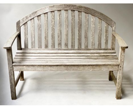 'SMITH &amp; HAWKEN' GARDEN BENCH, weathered teak arched back and flat top arms, stamped, 122cm W. 