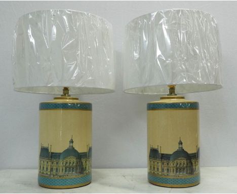 LOUVRE PRINT TABLE LAMPS, a pair, with shades, ceramic., 60cm H. (2)