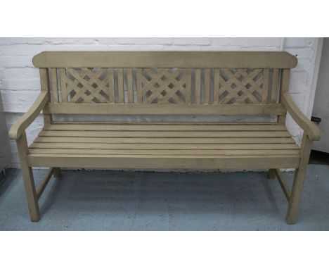 GARDEN BENCH, painted teak with trellis back, 160cm W. 