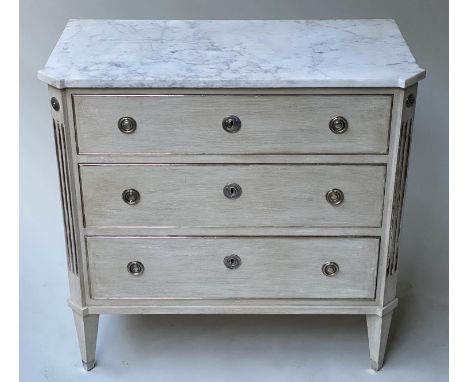SWEDISH COMMODE, 19th century design, grey painted and silvered metal mounted, with three long drawers and marble top, 85cm x
