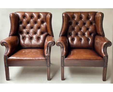 WINGBACK ARMCHAIRS, a pair, George III design hand dyed leaf brown leather with button upholstered backs, 84cm W. (2) 