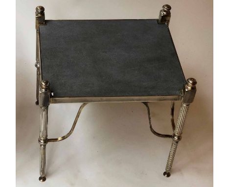 OCCASIONAL/LAMP TABLE, Regency style silvered metal square leather insert and reeded supports, 46cm x 46cm x 46cm. 